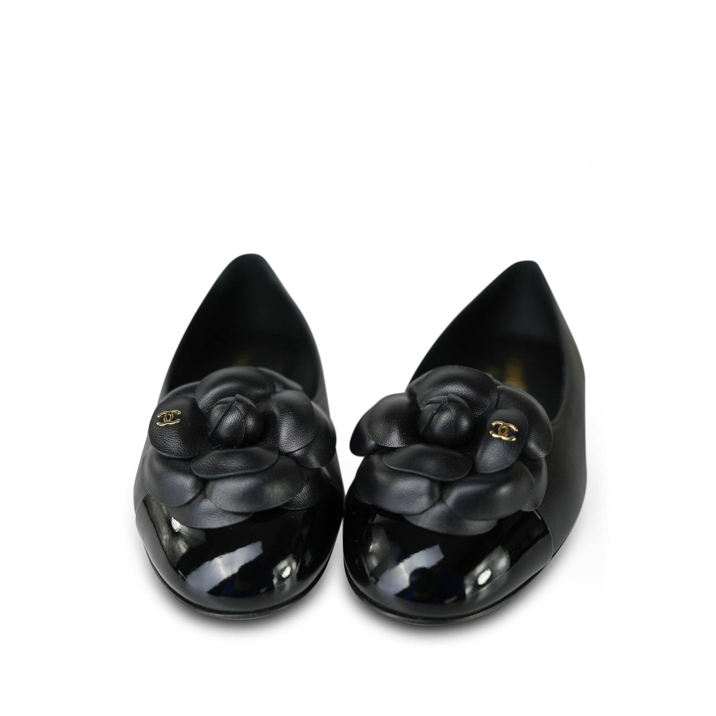 24P Black Lambskin Camellia CC Patent Cap Toe Ballerina Flats Size 36.5