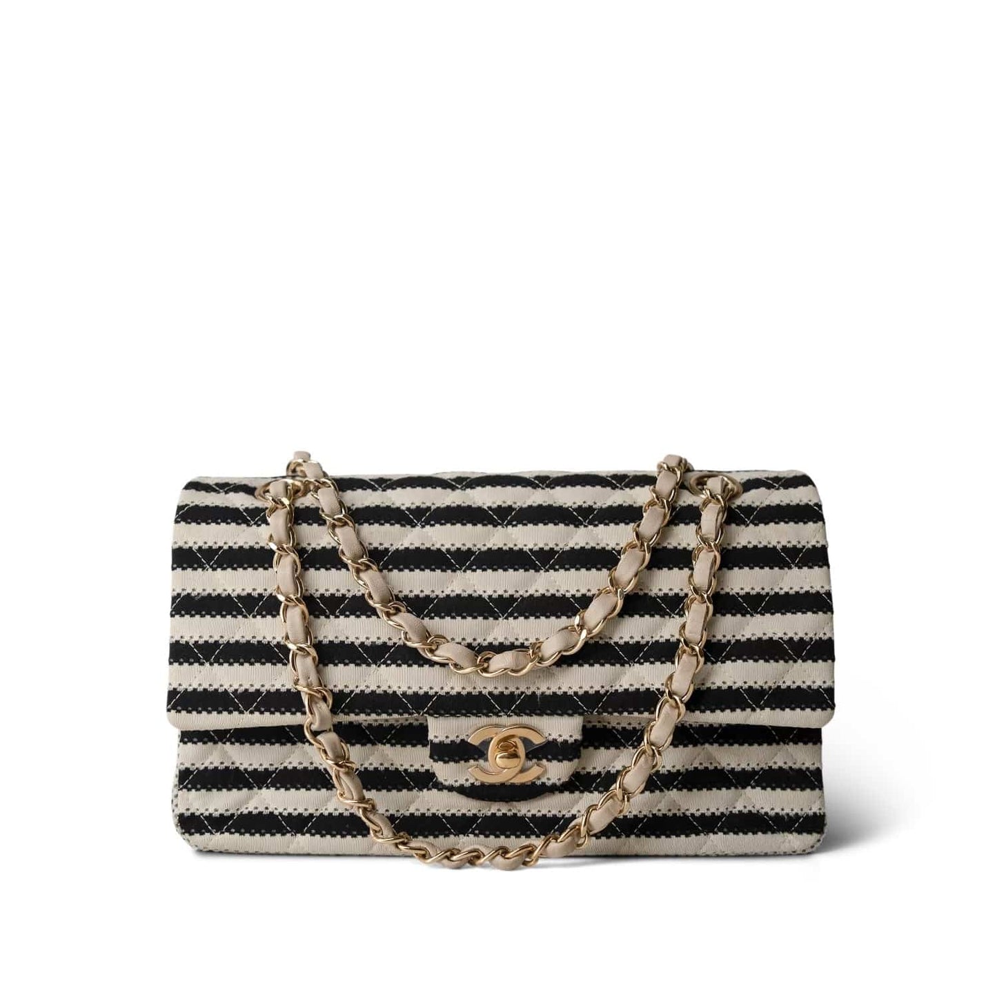 Ivory/Black Striped Coco Sailor Pearl Classic Flap Bag Gold Hardware