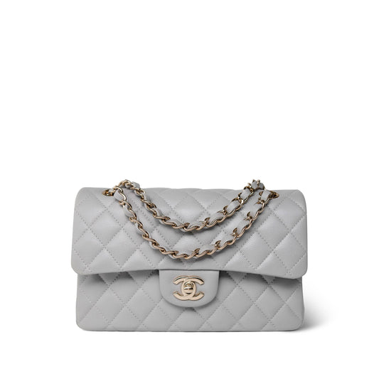 21A Grey Caviar Quilted Classic Flap Small Light Gold Hardware