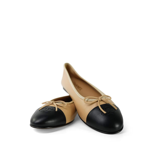 Beige/Black Lambskin Cap Toe CC Ballerina Flats Size 41.5