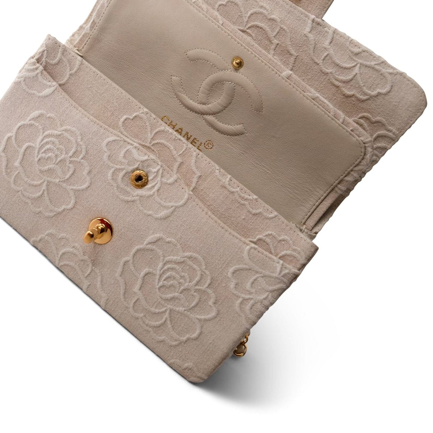 Ivory Canvas Camellia Classic Double Flap Gold Hardware