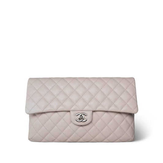 Ivory/Light Beige Caviar Quilted Classic Clutch Silver Hardware