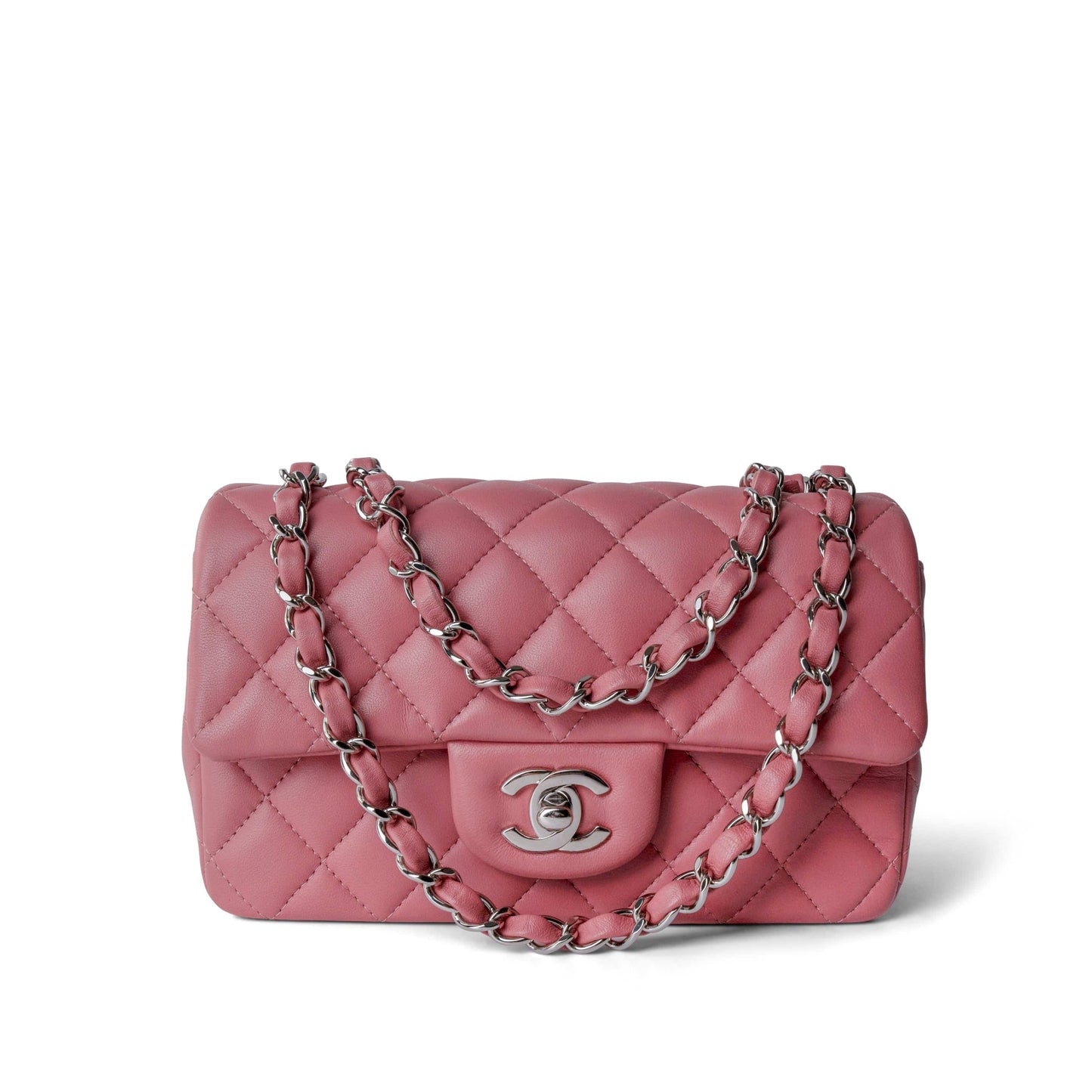 Pink/ Rose Nude Lambskin Quilted Mini Rectangular Flap Silver Hardware