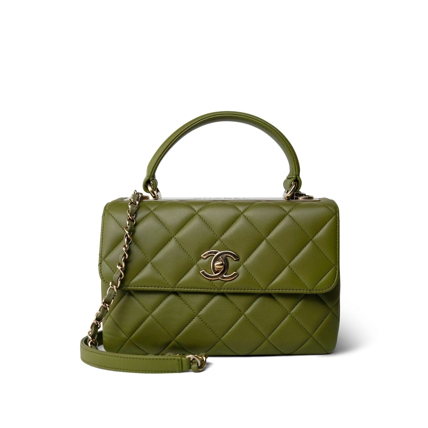 Dark Green Lambskin Quilted Trendy CC Small Light Gold Hardware