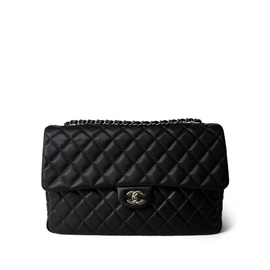Black Caviar Quilted XXL Jumbo Single Flap Light Gold Hardware