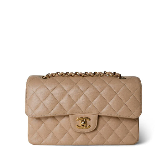 Beige Clair Caviar Quilted Small Classic Flap Gold Hardware