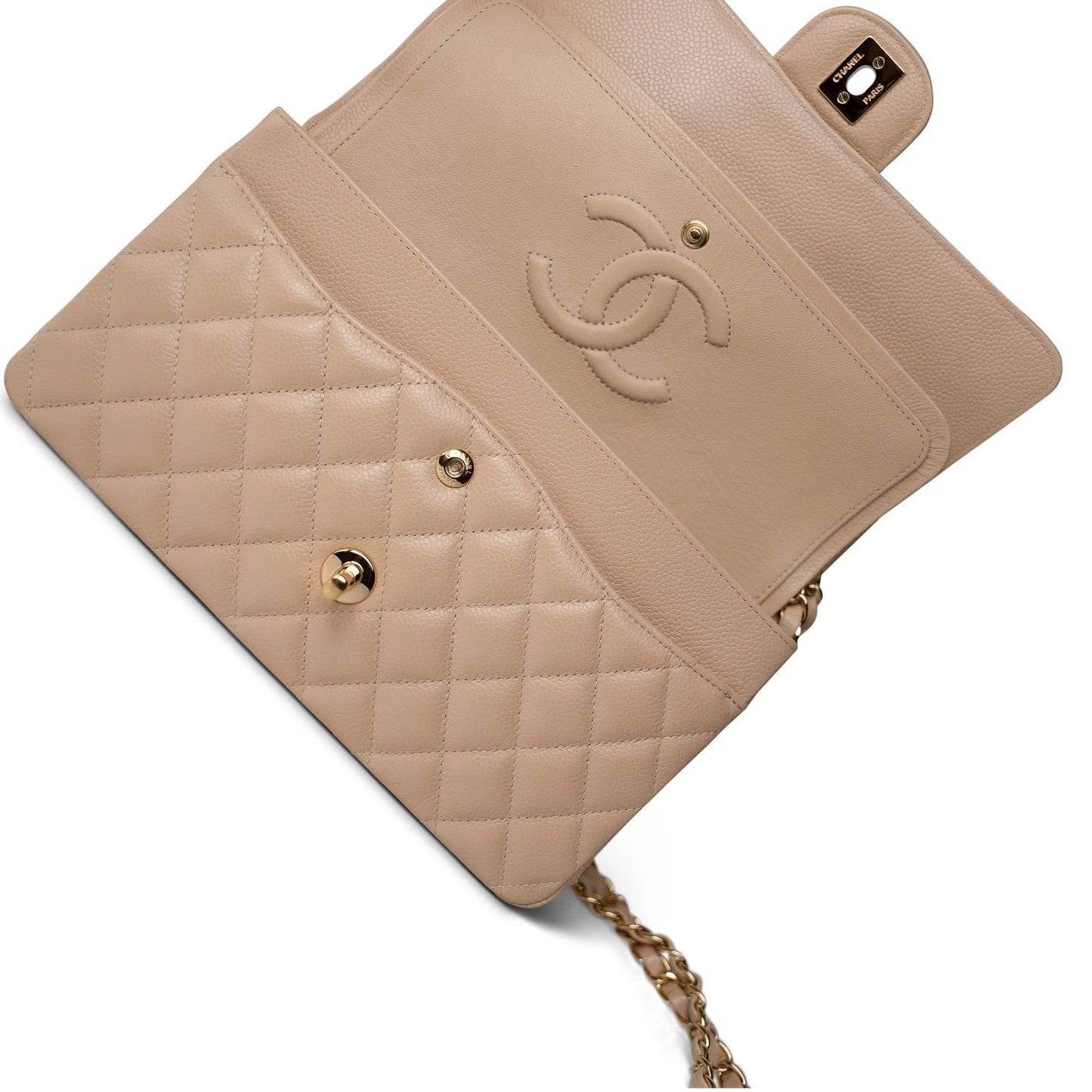 Beige Clair Caviar Quilted Classic Flap Medium Gold Hardware