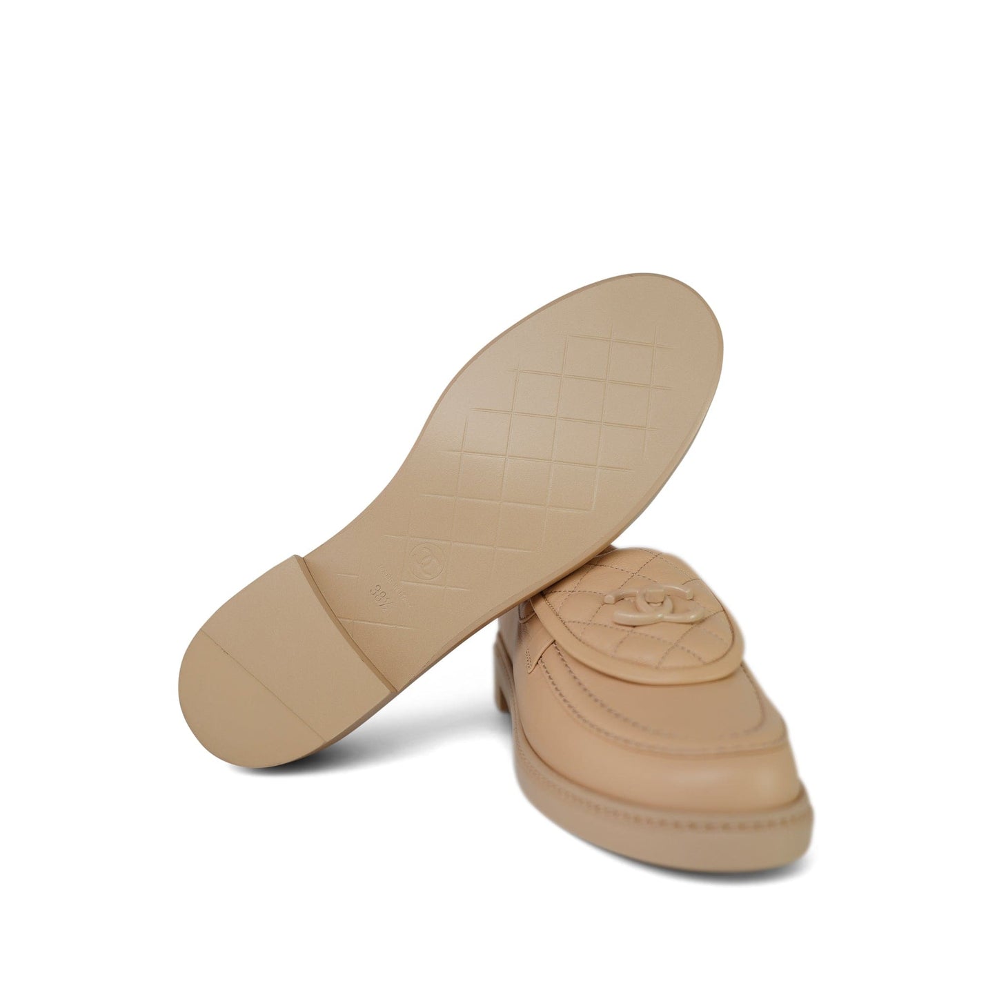 24C Beige Lambskin Quilted Turnlock CC Loafer Moccasins Size 38.5