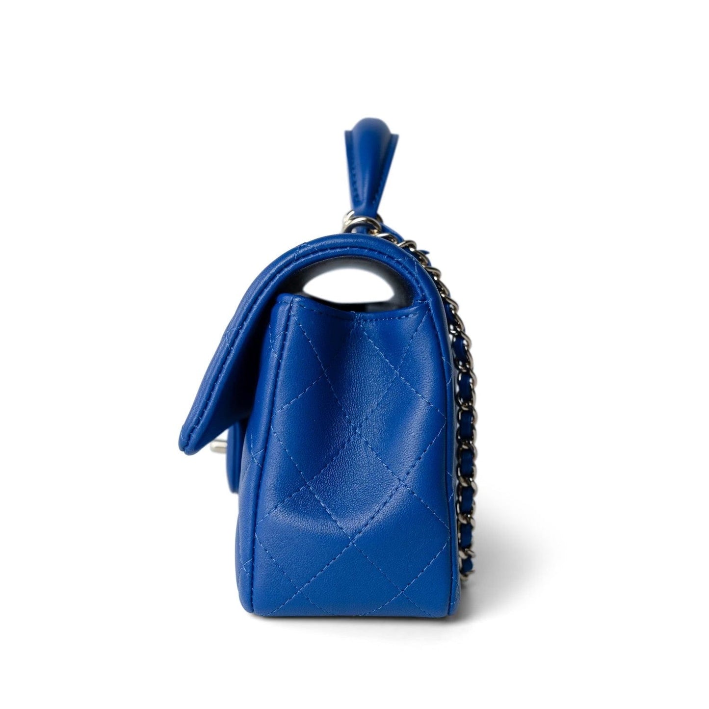 Blue Lambskin Quilted Mini Top Handle Light Gold Hardware