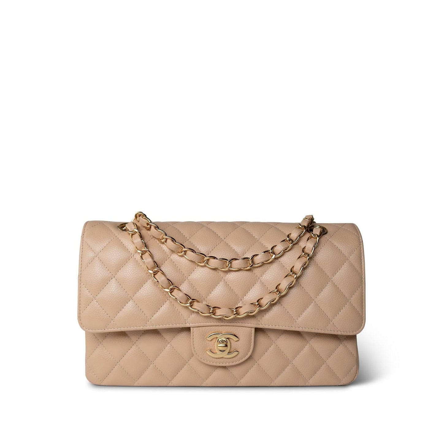 Beige Clair Caviar Quilted Classic Flap Medium Gold Hardware