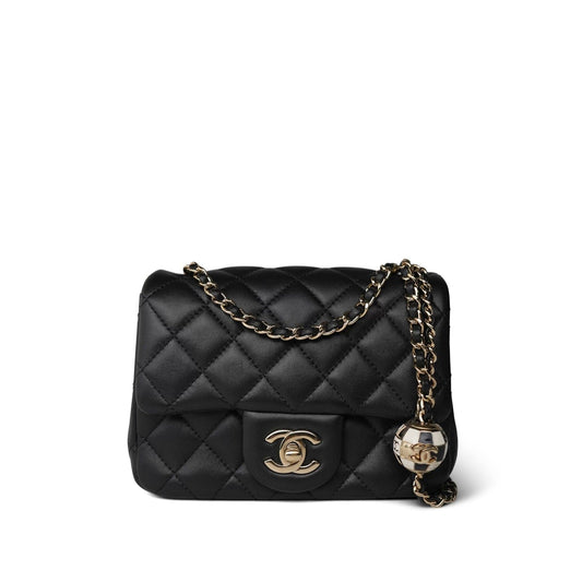 Black Lambskin Quilted Pearl Crush Mini Square Flap Light Gold Hardware