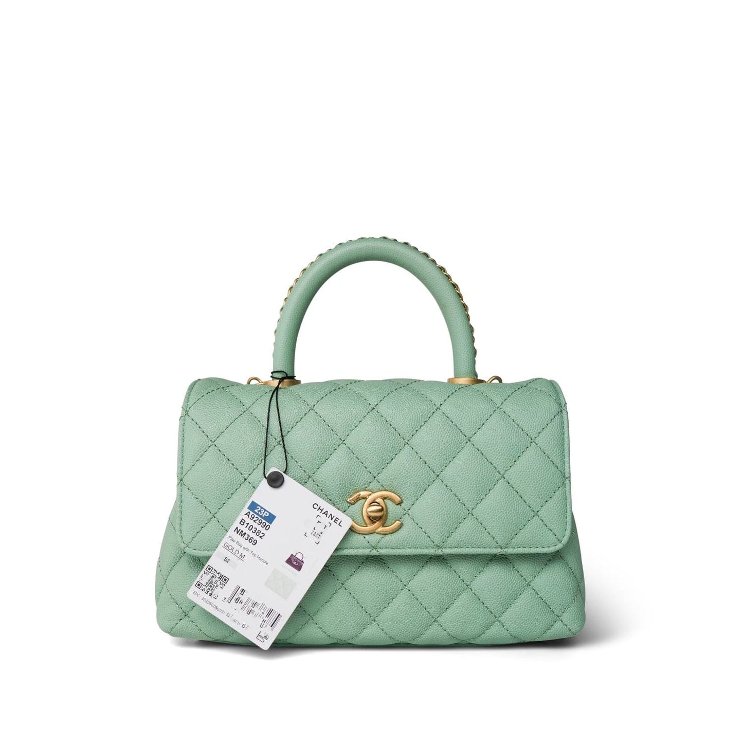 23P Light Green Caviar Quilted Coco Chain Handle Small Aged Gold Hardware