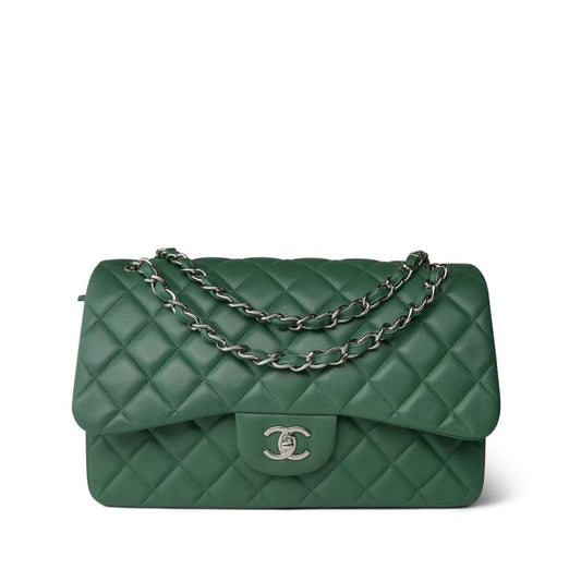 19B Dark Green Lambskin Quilted Classic Flap SHW