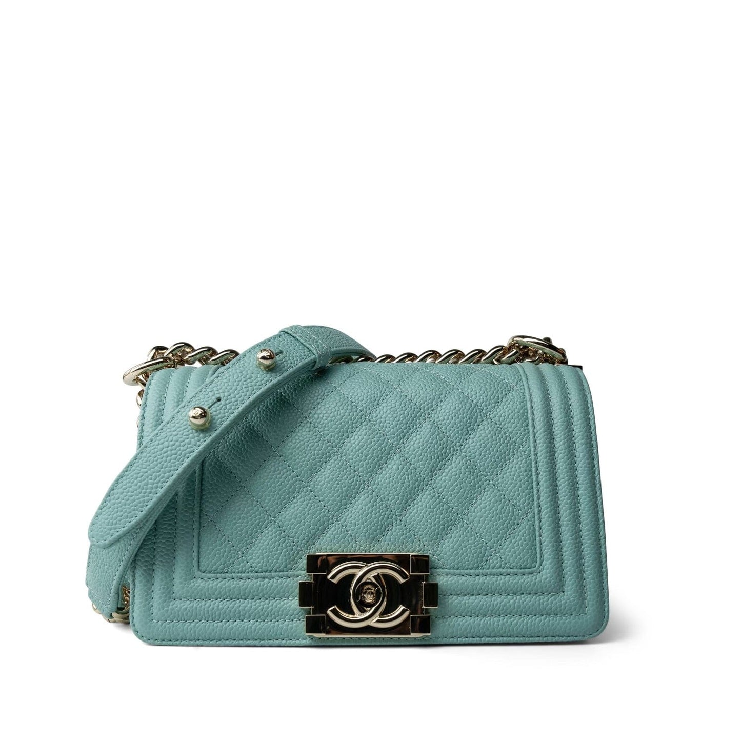 Tiffany Blue Caviar Quilted Small Boy Bag Light Gold Hardware