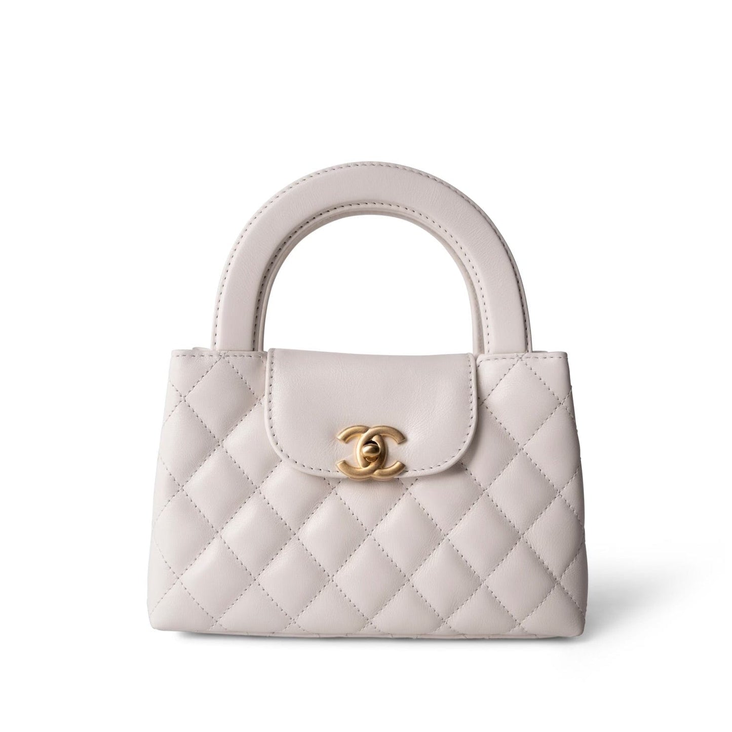 24P Shiny Aged Calfskin Quilted Nano Kelly Shopper White Antique Gold Hardware