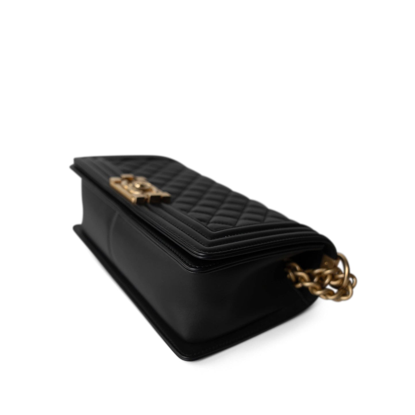 Black Calfskin Quilted Old Medium Boy Bag Aged Gold Hardware