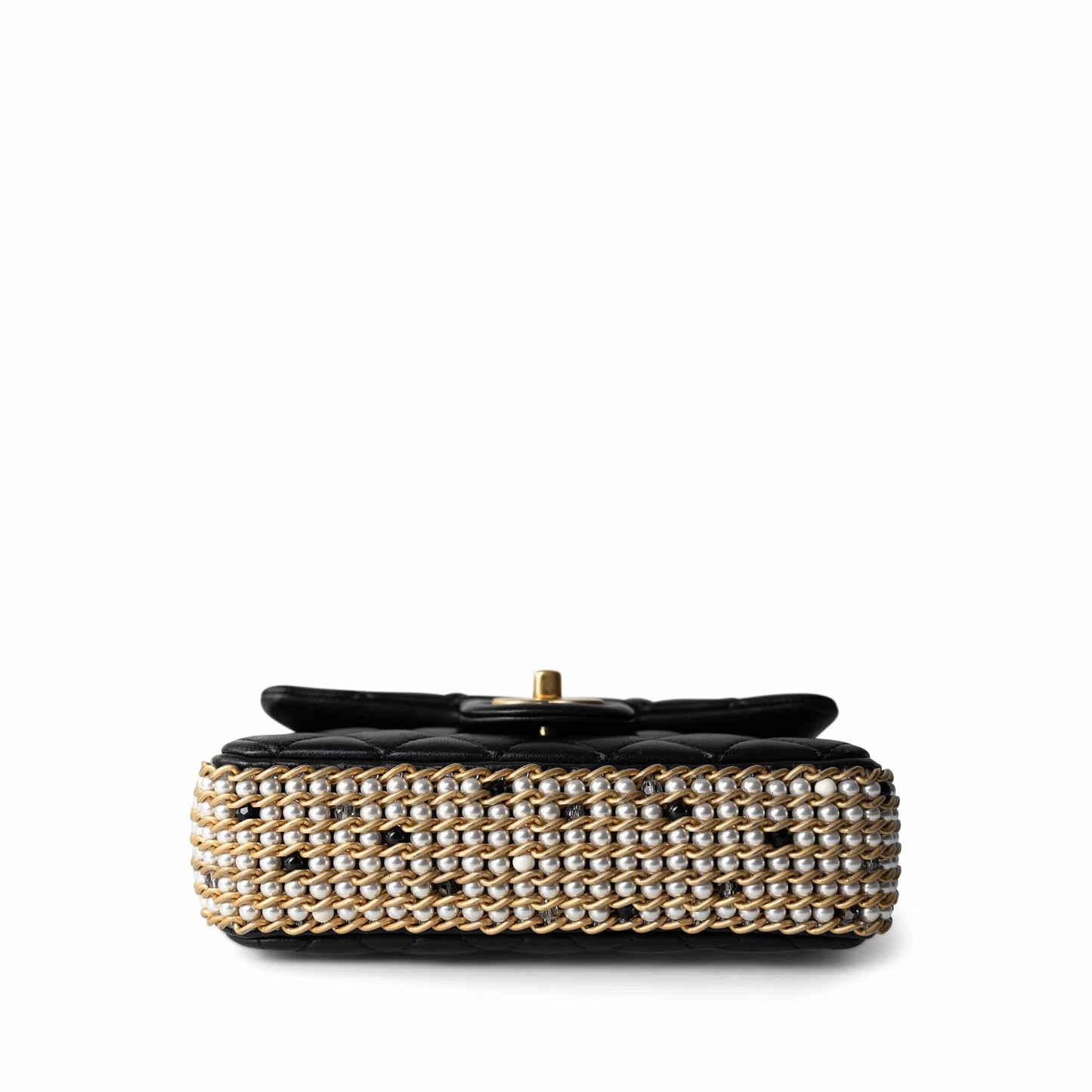 Black Lambskin Quilted Mini River of Pearls Flap Bag Aged Gold Hardware