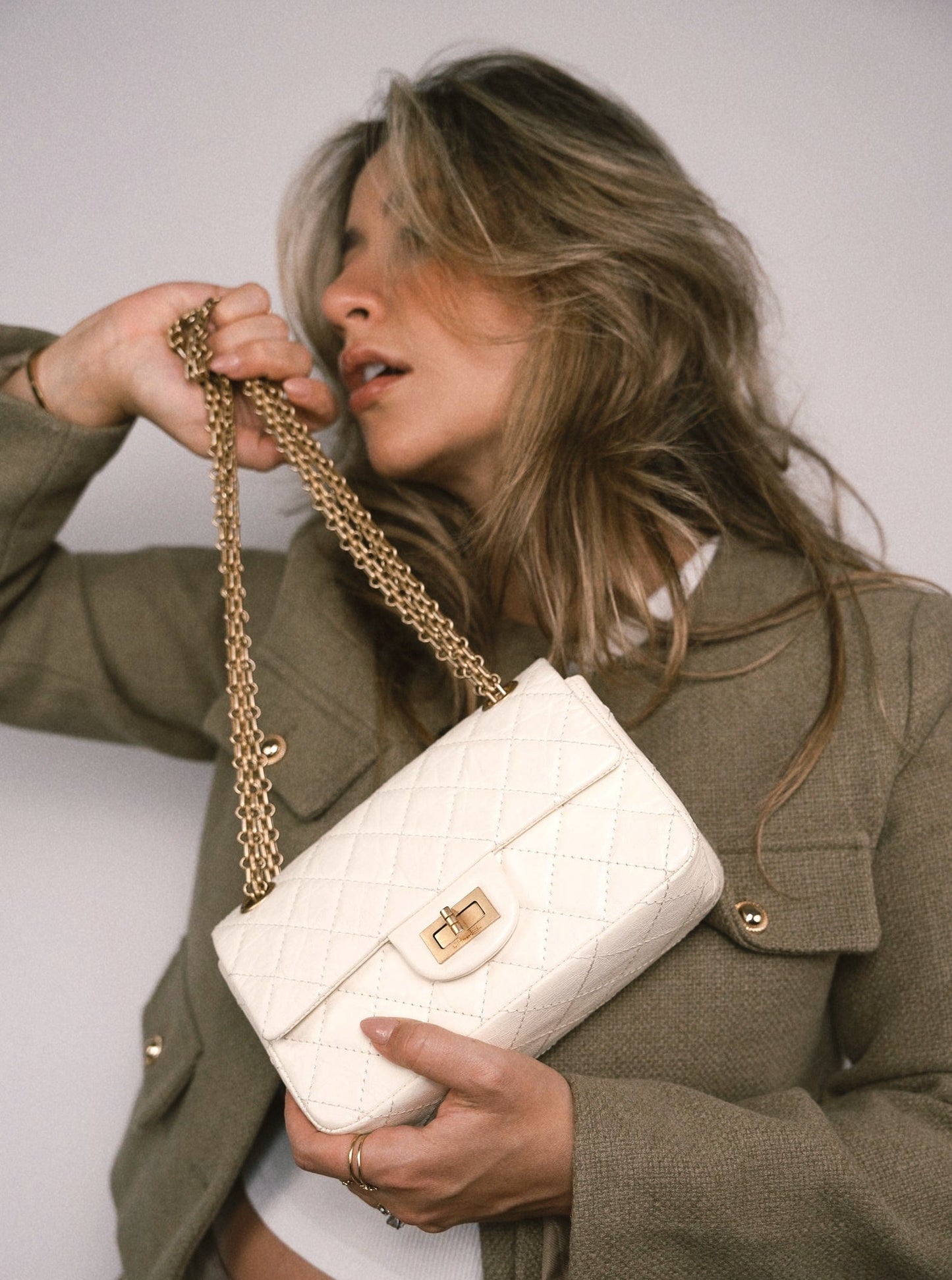 Ivory Aged Calfskin Quilted Mini Reissue Flap Aged Gold Hardware