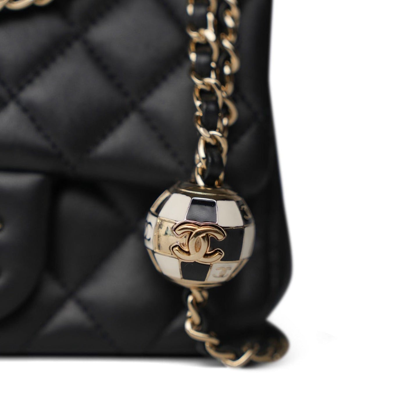 Black Lambskin Quilted Pearl Crush Mini Square Flap Light Gold Hardware