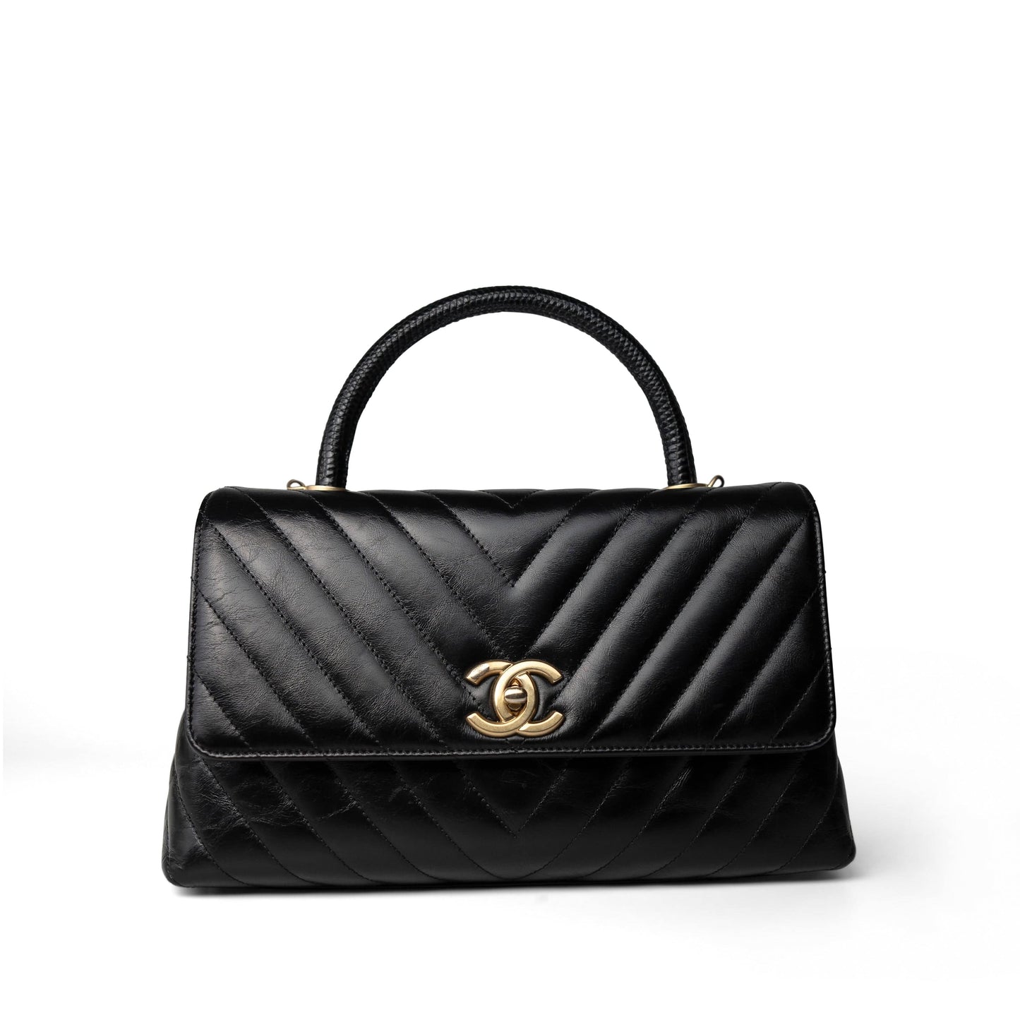 Black Chevron Calfskin Coco Handle Flap Medium (Old Small) Aged Gold Hardware