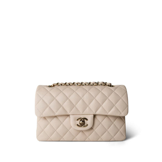 Light Beige/Nude Caviar Quilted Classic Flap Small LGHW