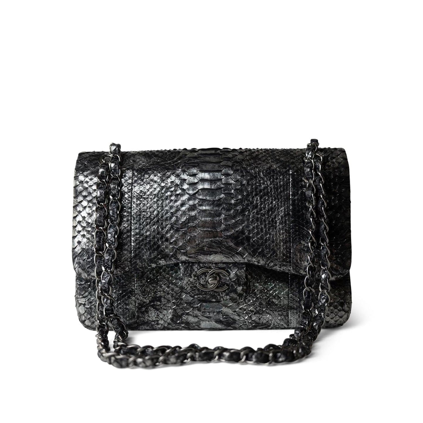 Black Silver Metallic Python Jumbo Double Flap