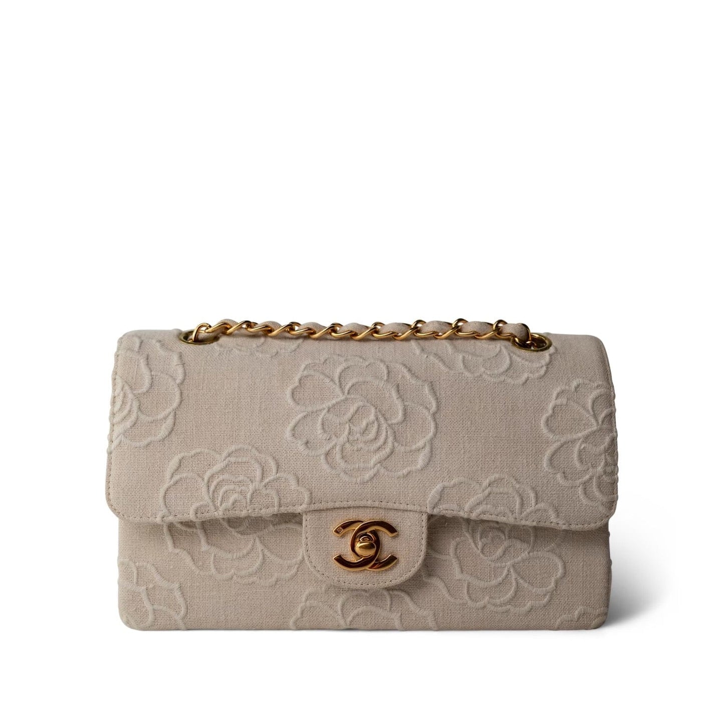Ivory Canvas Camellia Classic Double Flap Gold Hardware