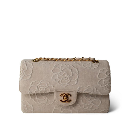 Ivory Canvas Camellia Classic Double Flap Gold Hardware
