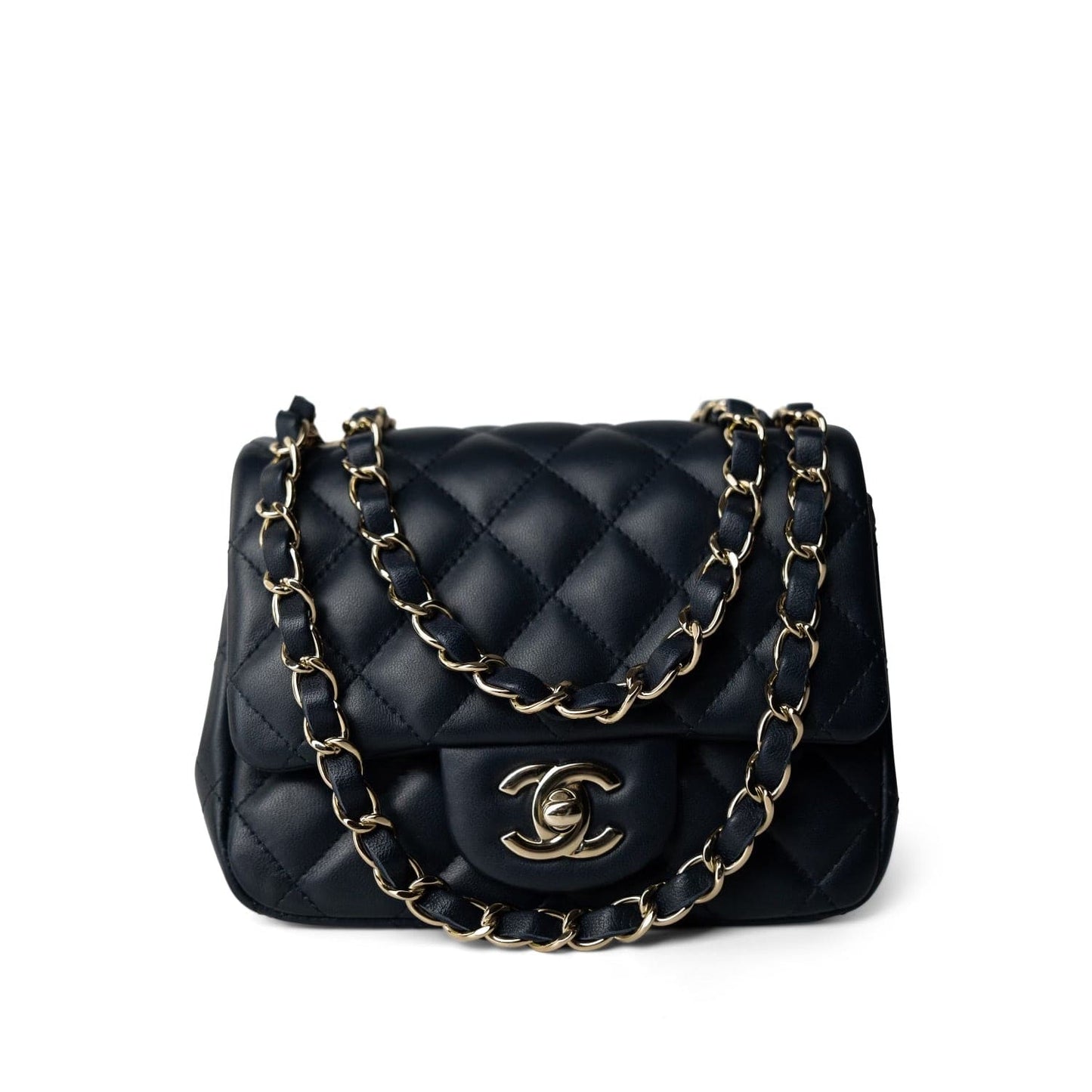 Navy Lambskin Quilted Mini Square Flap Bag LGHW