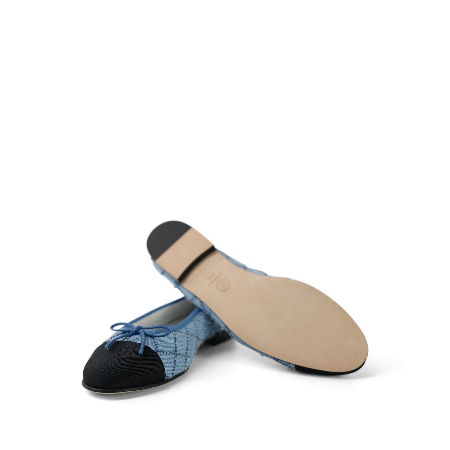 23P Blue Denim Embroidered Grosgrain Cap Toe CC Ballerina Flats Size 41.5