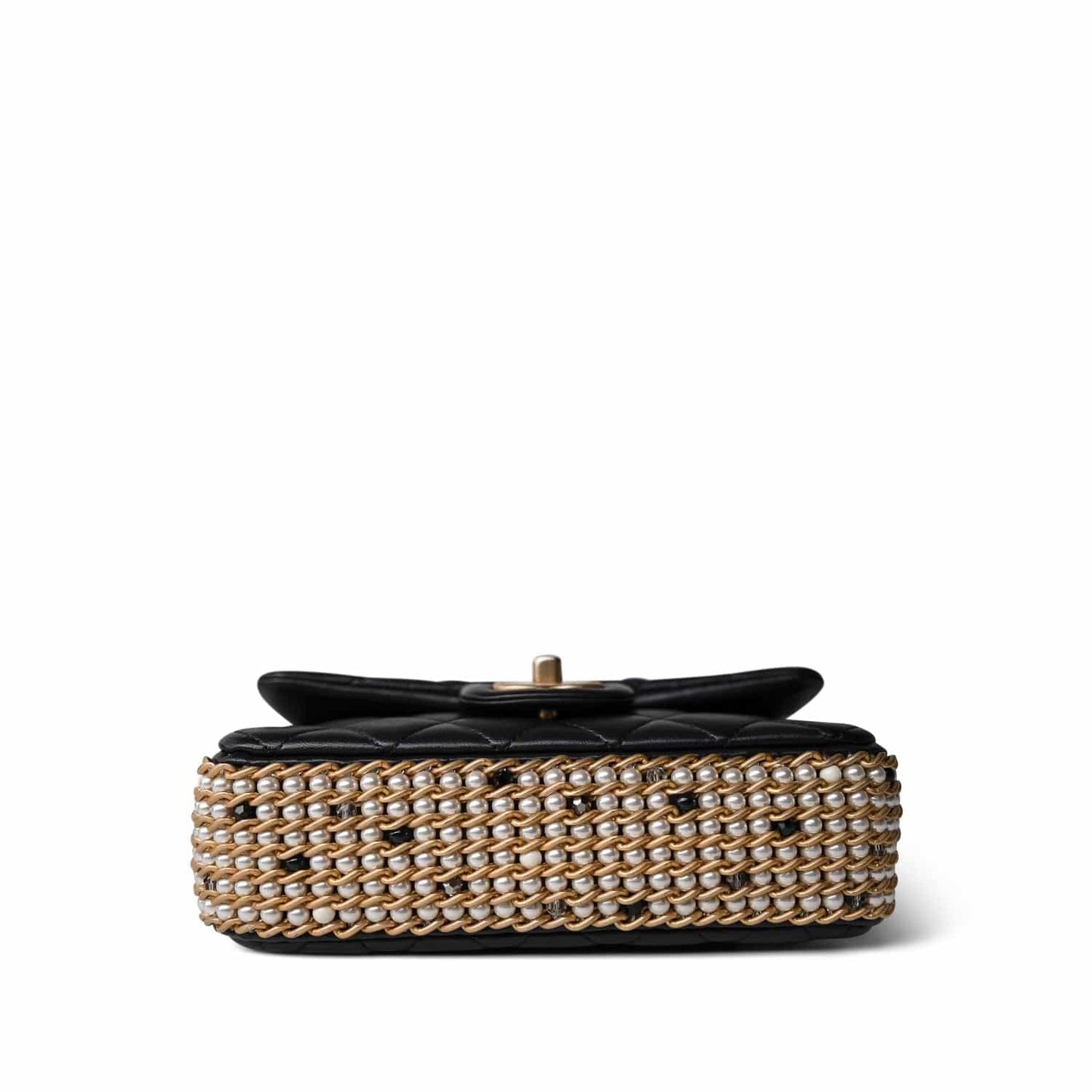 Black Lambskin Quilted Mini River of Pearls Flap Bag Aged Gold Hardware