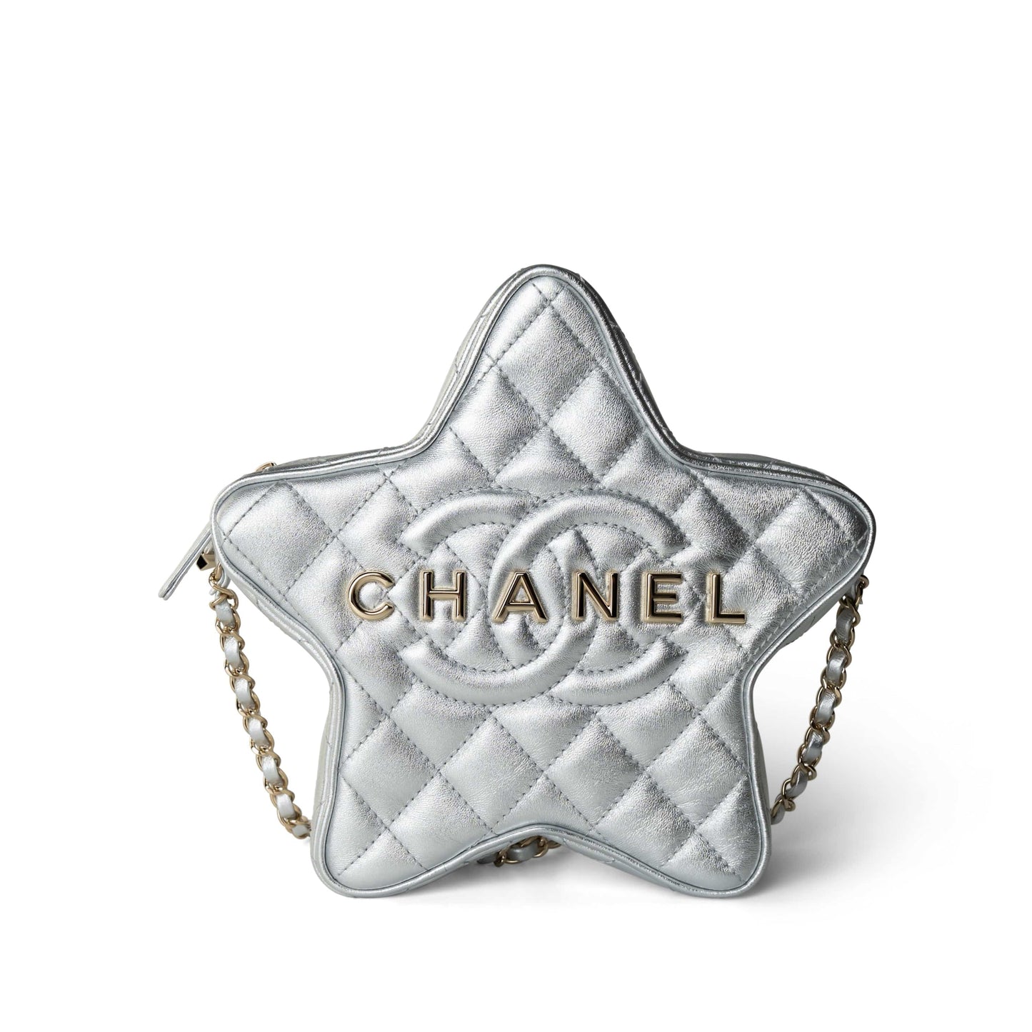 24C Metallic Silver Lambskin Quilted Star Bag Light Gold Hardware