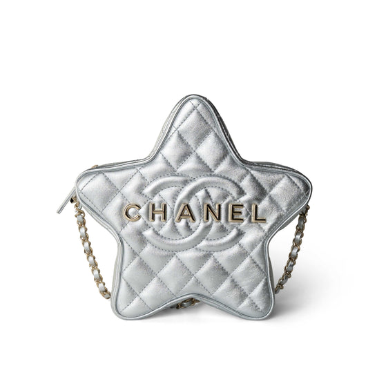 24C Metallic Silver Lambskin Quilted Star Bag Light Gold Hardware