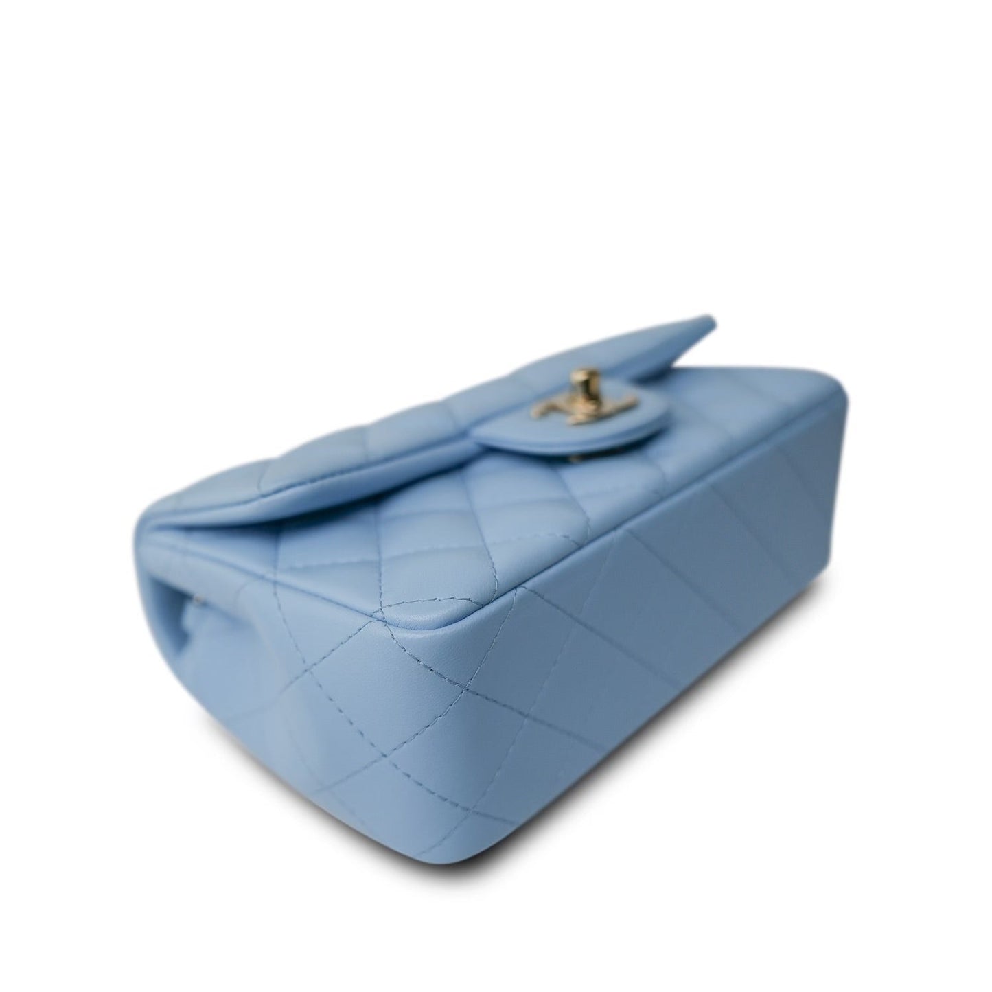 Light Blue Lambskin Quilted Mini Rectangular Flap LGHW