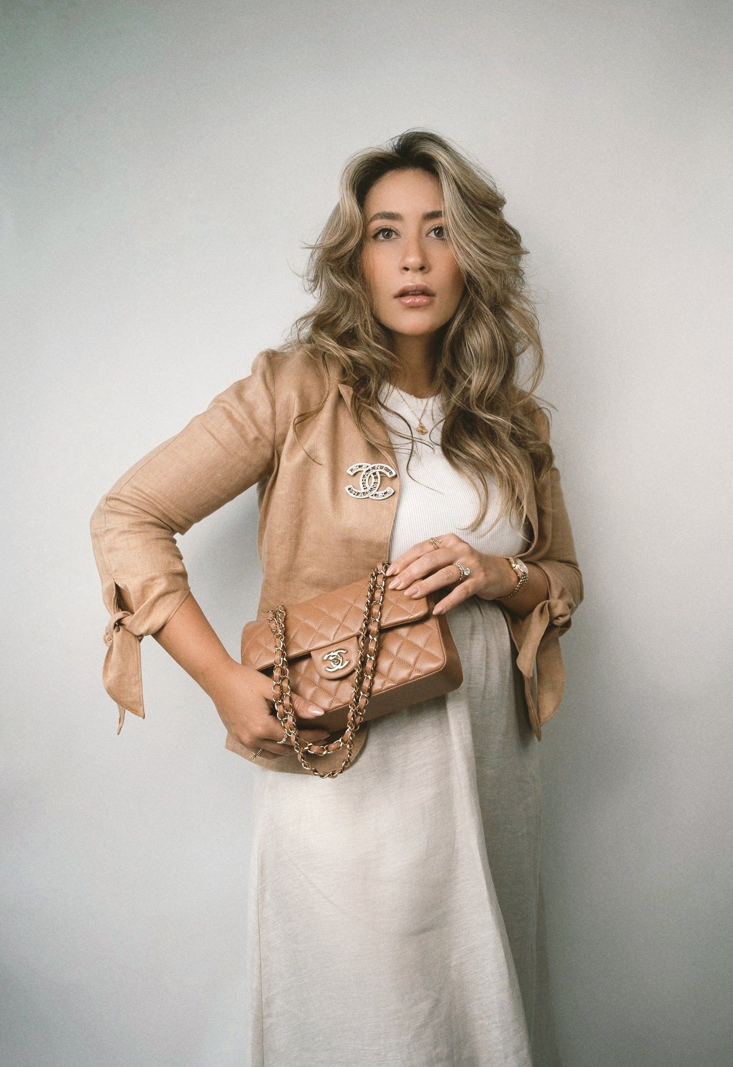 22S Caramel Lambskin Quilted Classic Flap Small Light Gold Hardware