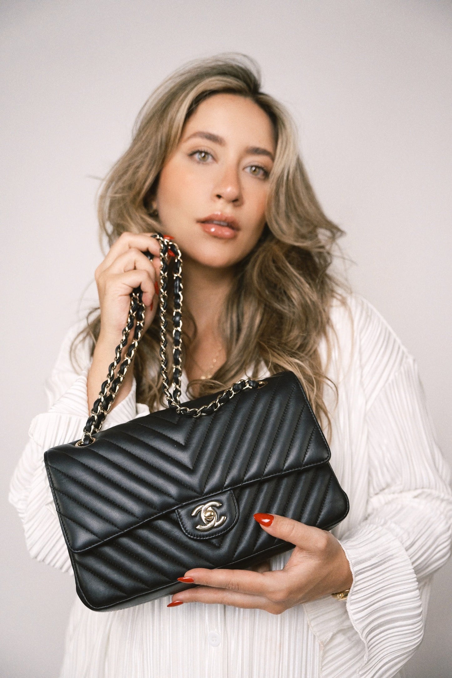 Black Lambskin Chevron Medium Classic Flap Light Gold Hardware