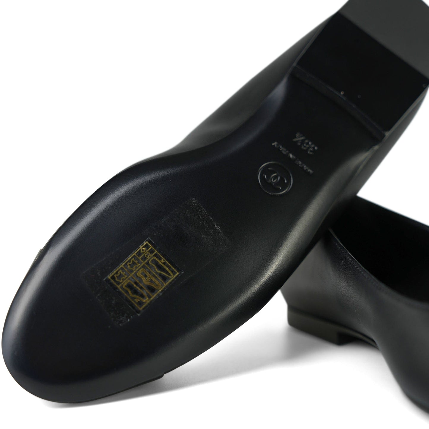 24P Black Lambskin Camellia CC Patent Cap Toe Ballerina Flats Size 36.5