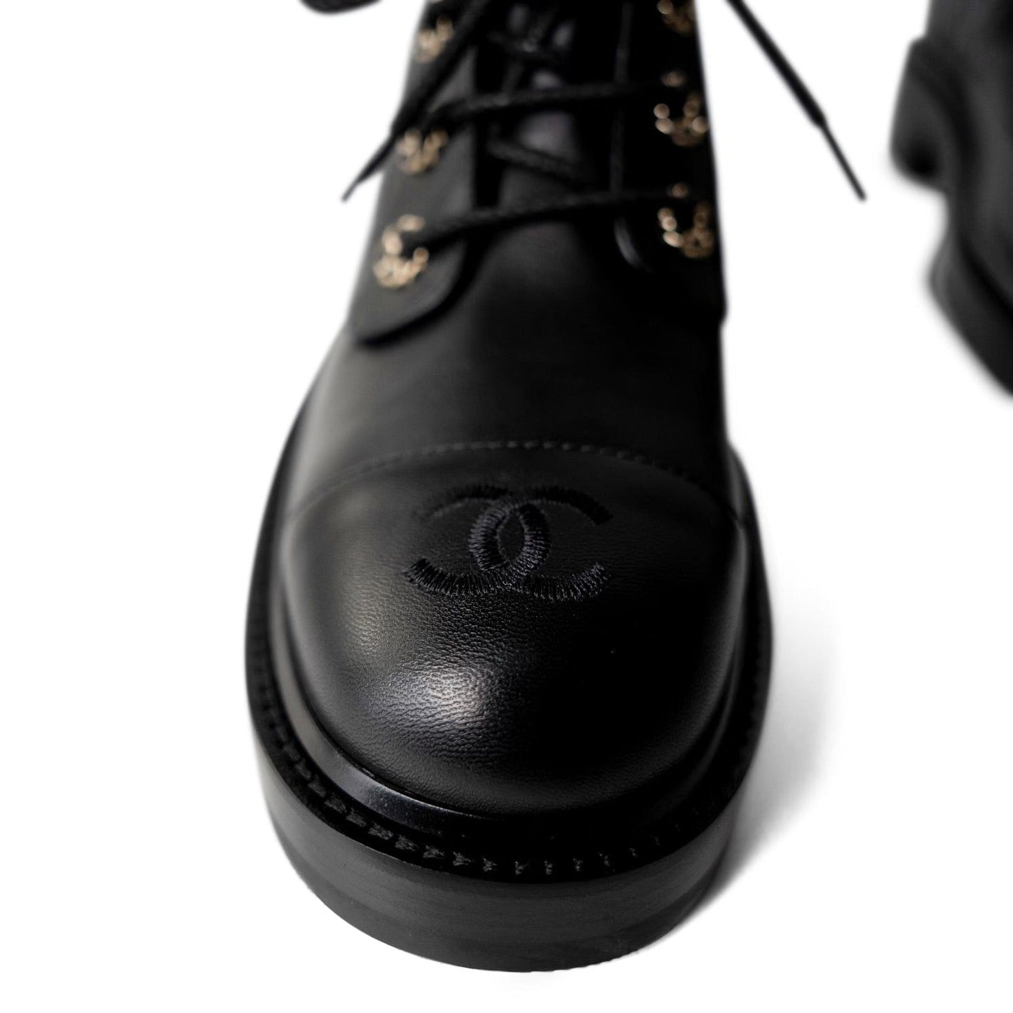 Black Calfskin Quilted Lace up Combat Boots Size 40