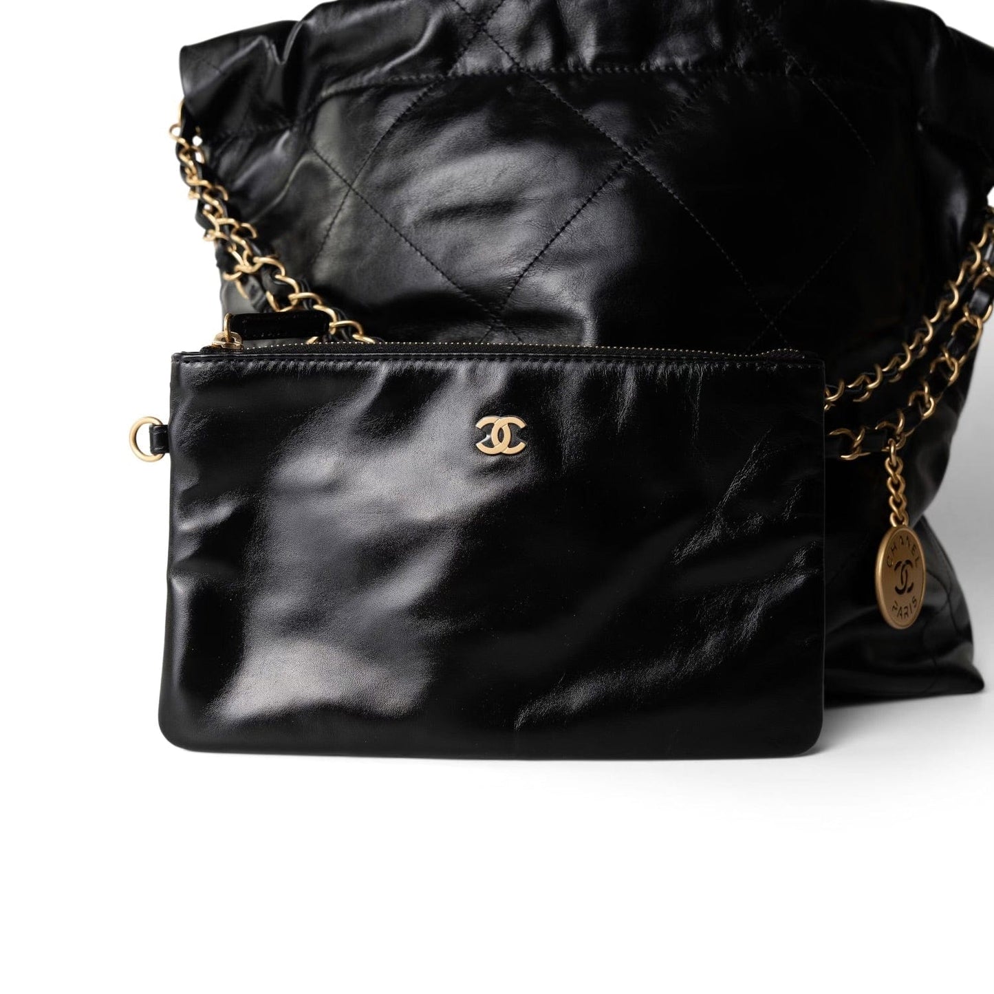 23A Black Calfskin Quilted 22 Hobo Bag Small Aged Gold Hardware