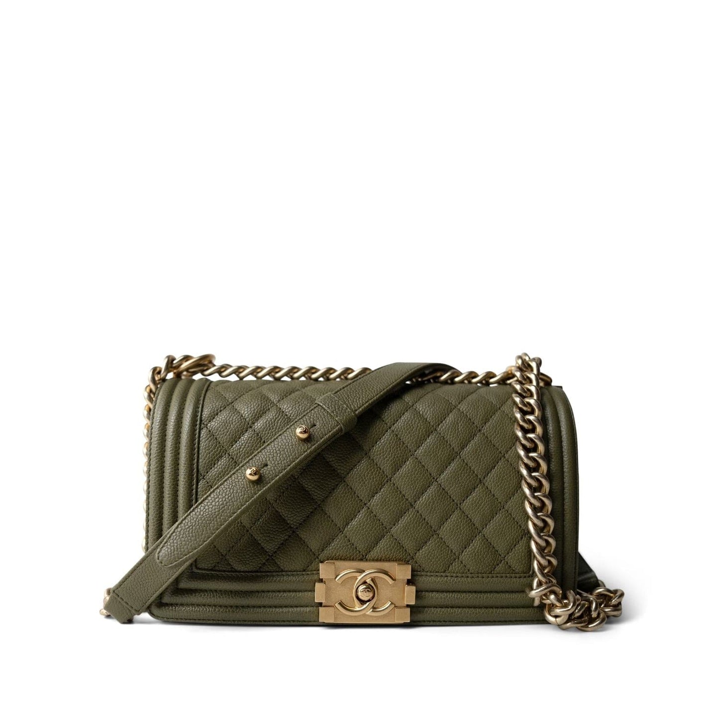 Khaki Caviar Quilted Old Medium Boy Bag Aged Gold Hardware