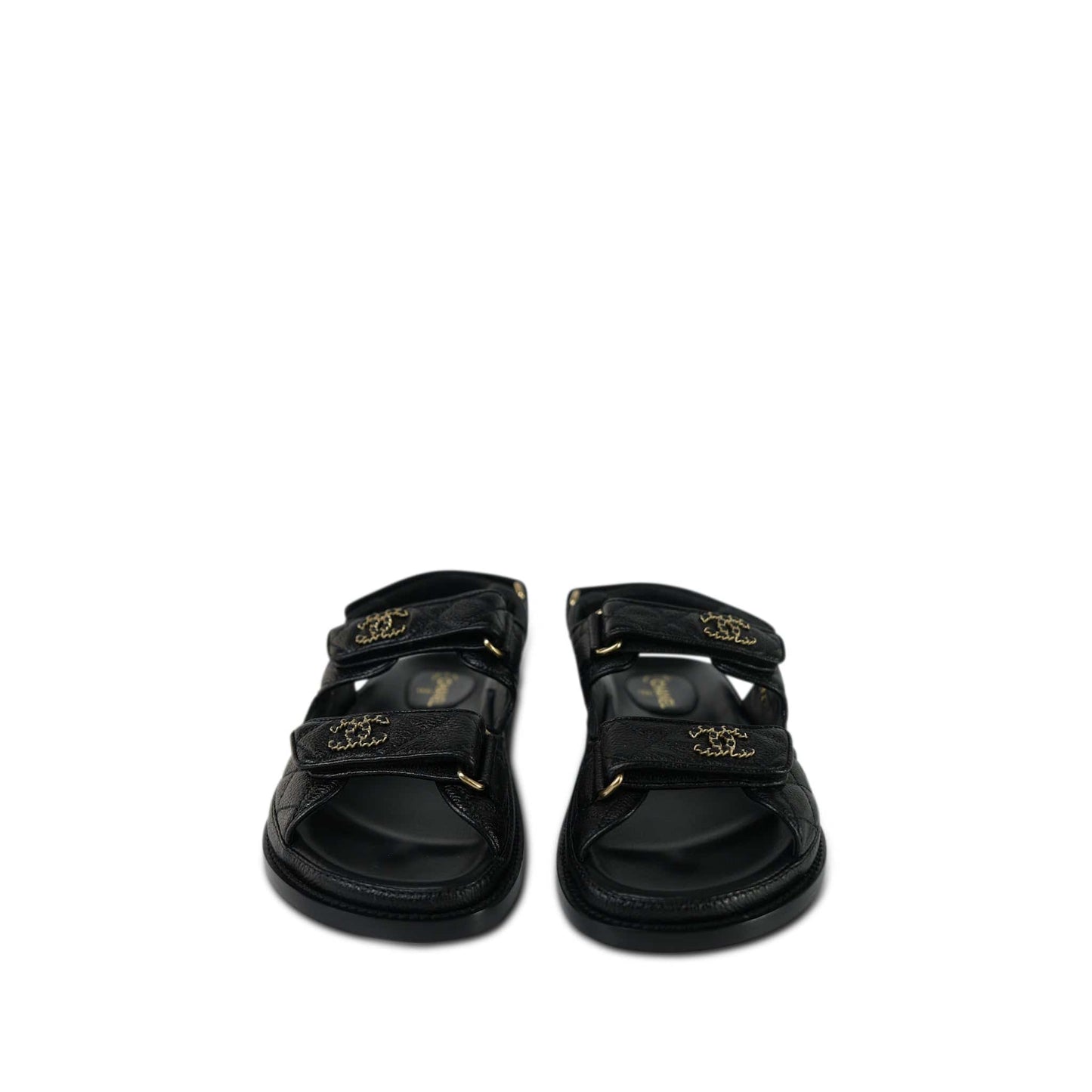10B Black Calfskin Quilted Velcro Strap Sandals Size 34.5