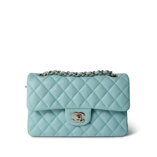 19C Tiffany Blue Caviar Quilted Classic Flap Small Light Gold Hardware