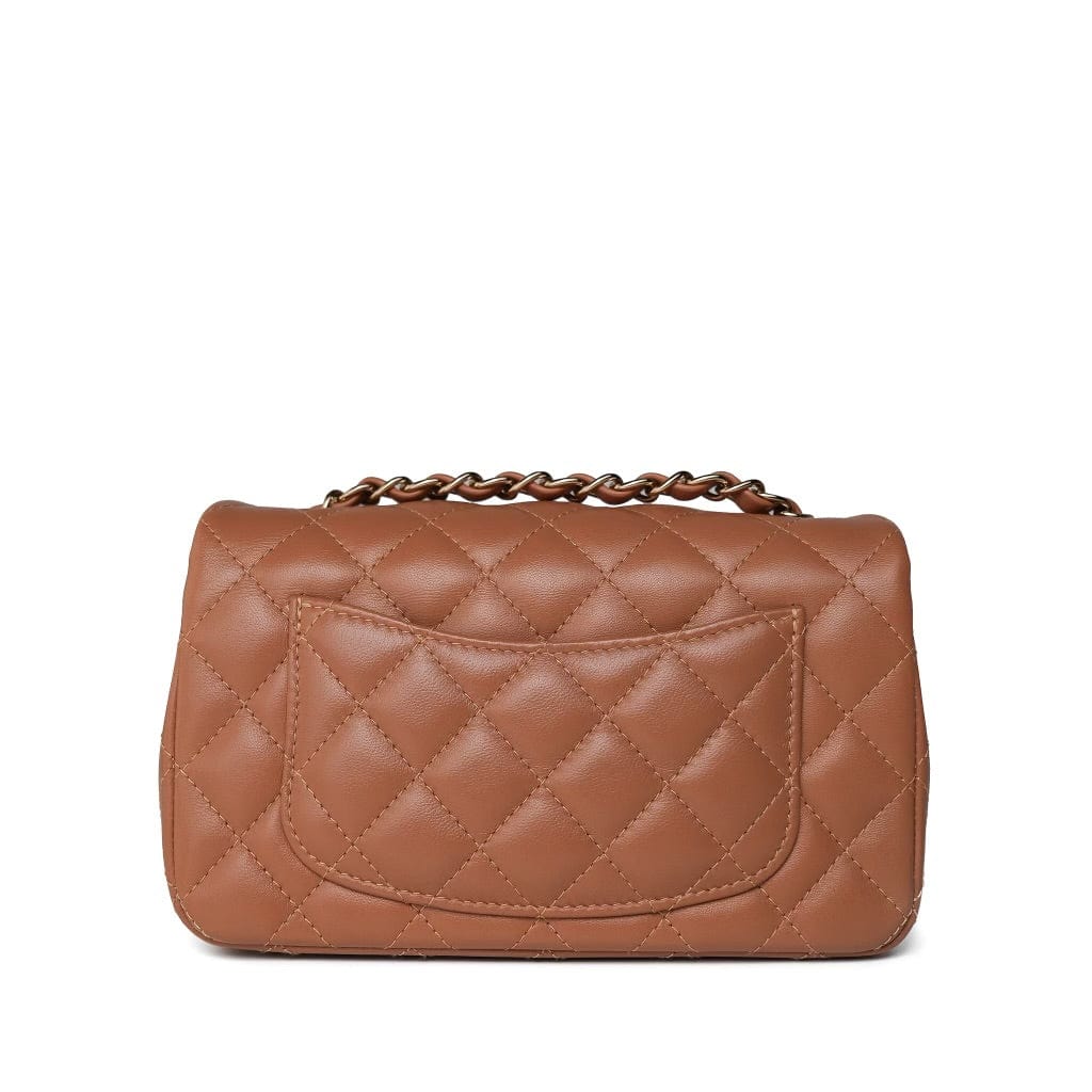 22S Caramel Lambskin Quilted Mini Rectangular Flap Light Gold Hardware