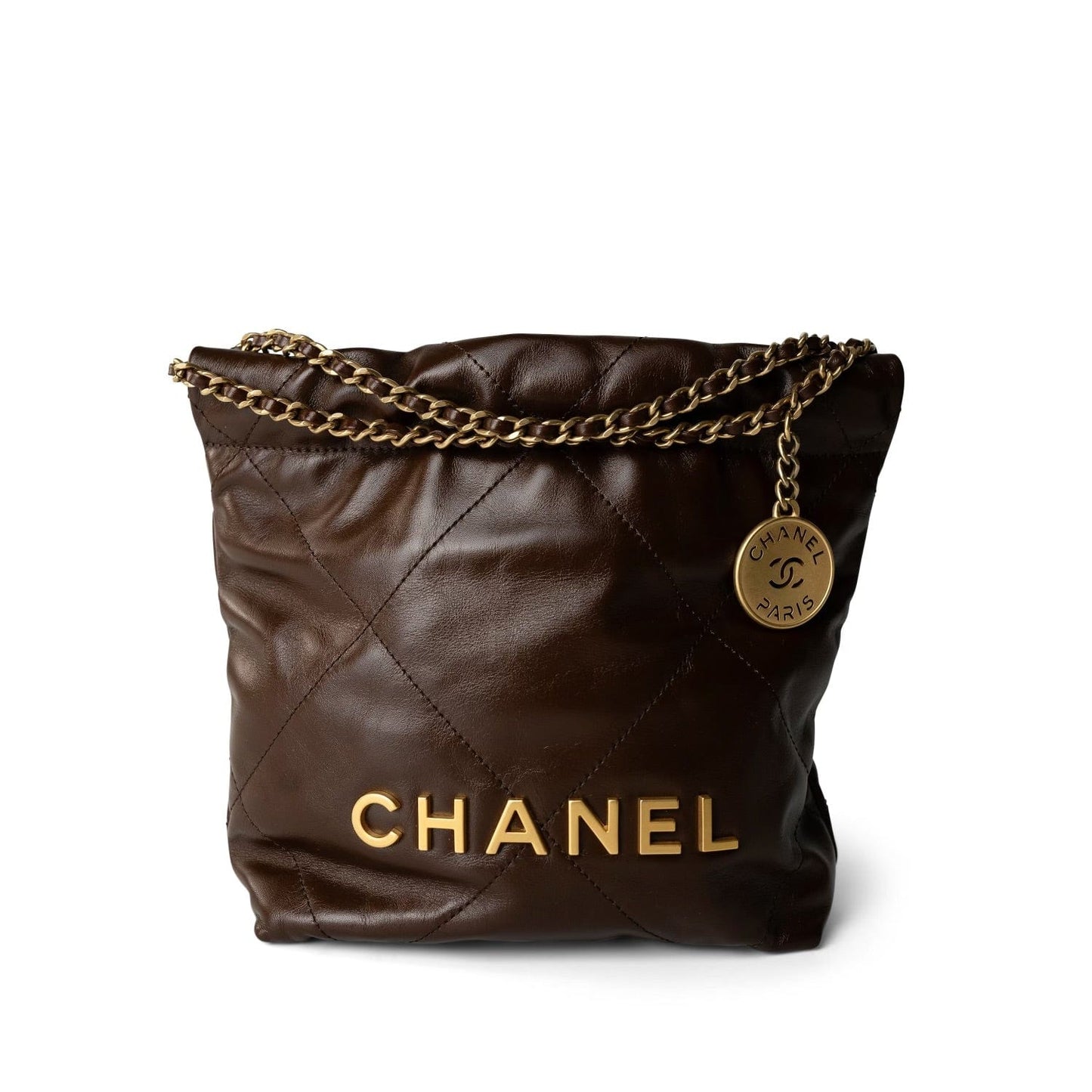 23A Brown Calfskin Quilted Mini 22 Bag Antique Gold Hardware