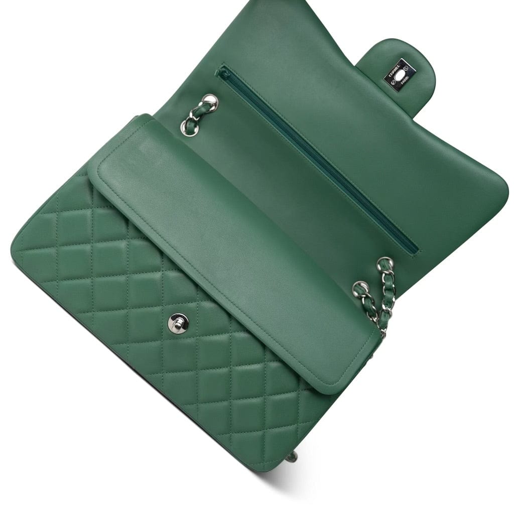 19B Dark Green Lambskin Quilted Classic Flap SHW