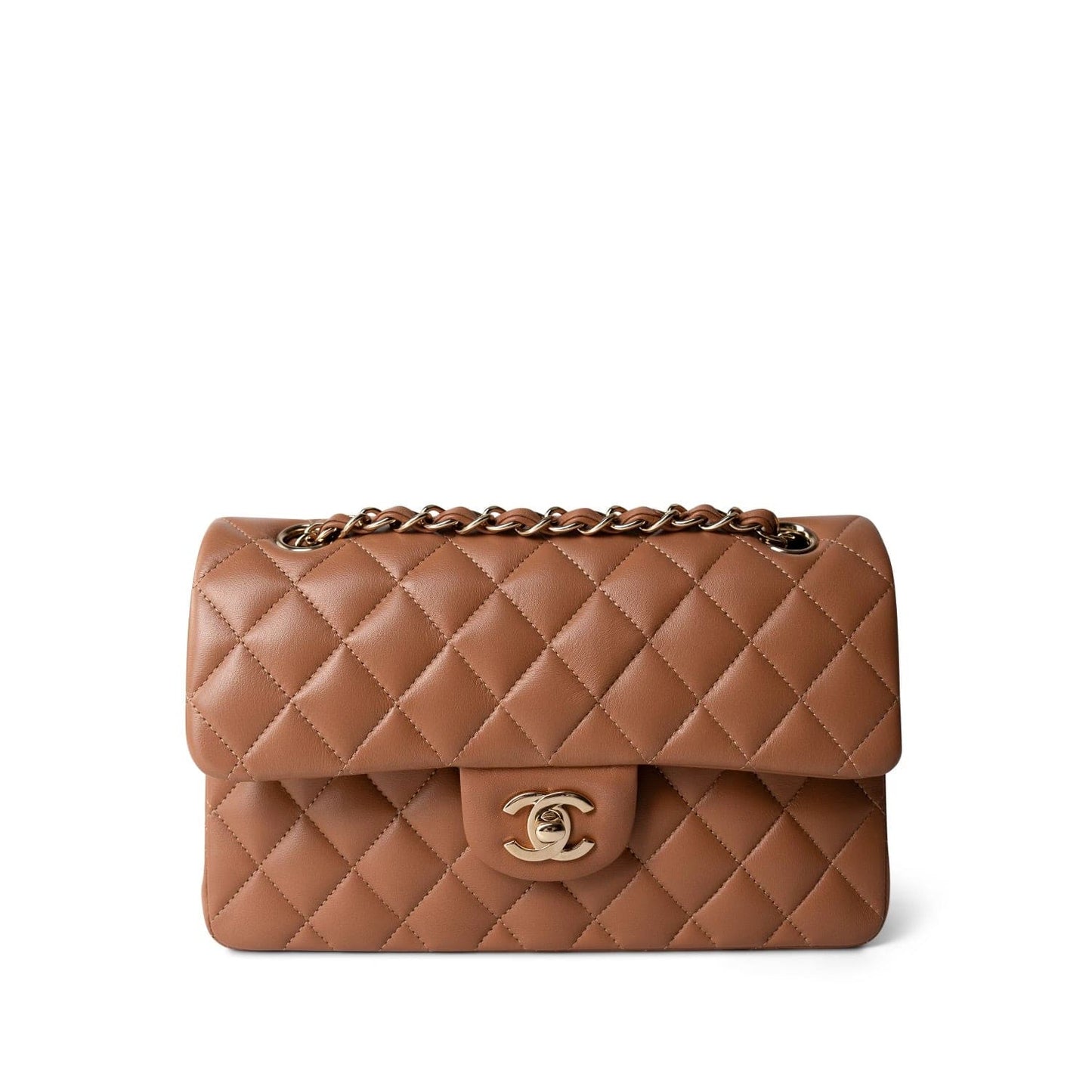 22S Caramel Lambskin Quilted Classic Flap Small Light Gold Hardware