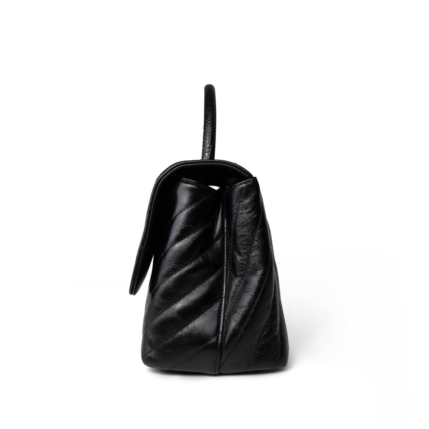 Black Chevron Calfskin Coco Handle Flap Medium (Old Small) Aged Gold Hardware