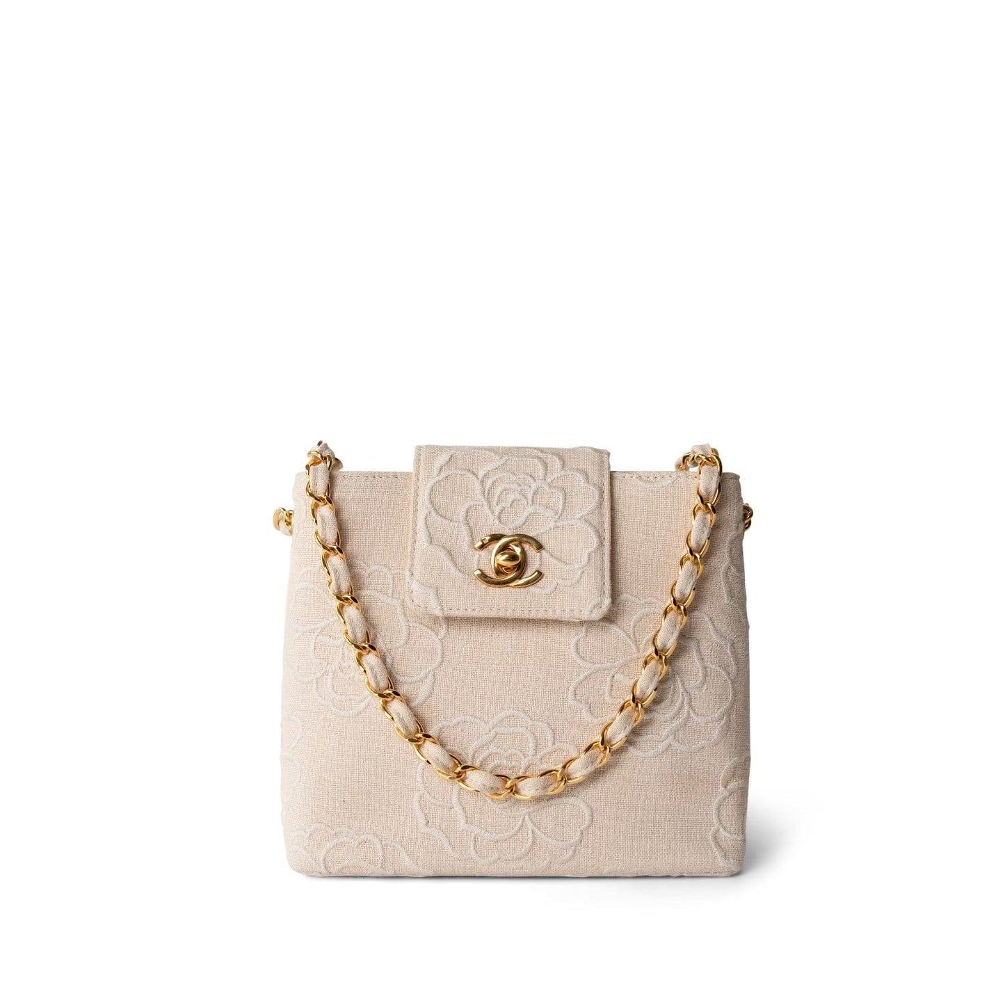 Ivory Canvas Camellia Bucket Bag Gold Hardware