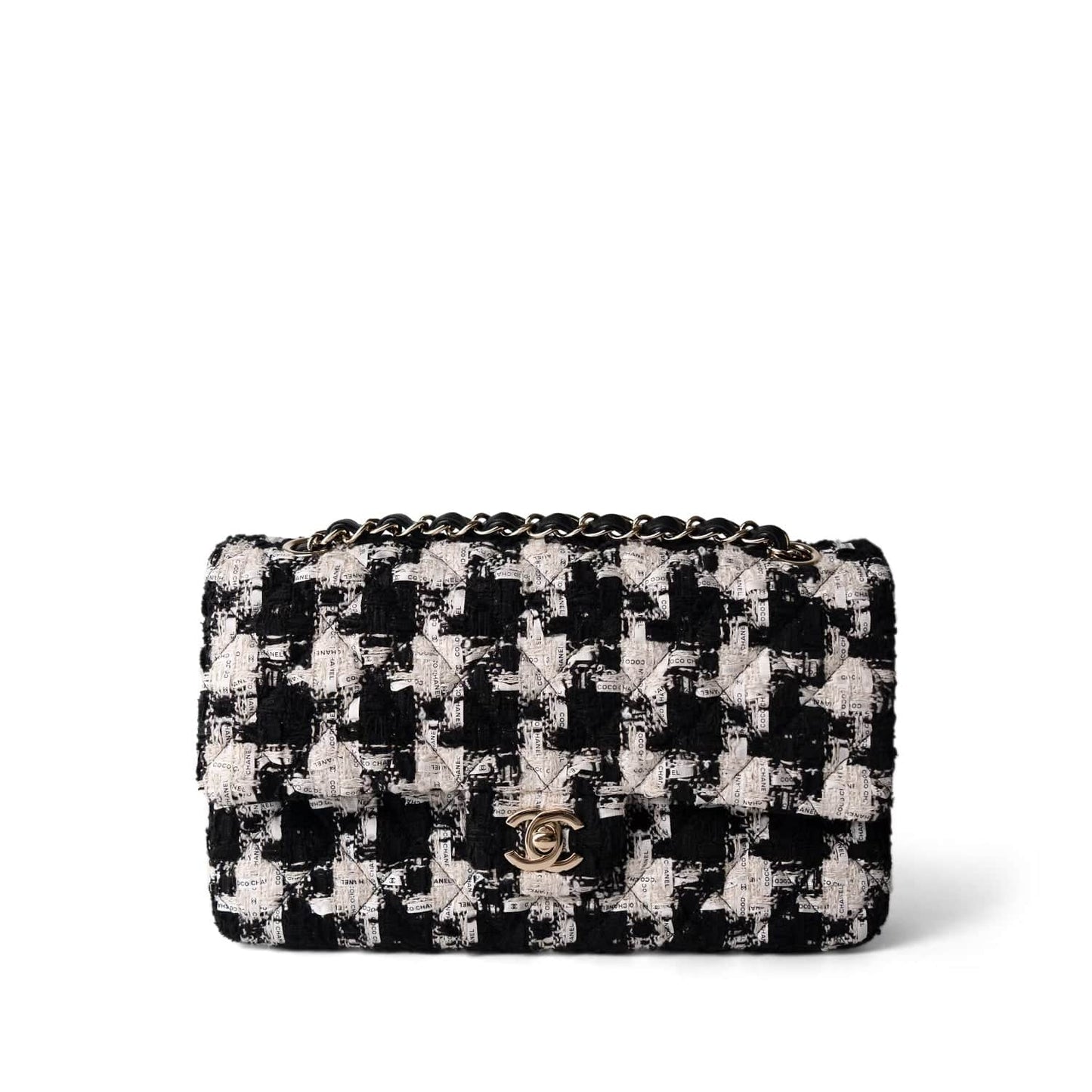 20S Black White Ecru Houndstooth Tweed Quilted Classic Flap Medium Light Gold Hardware