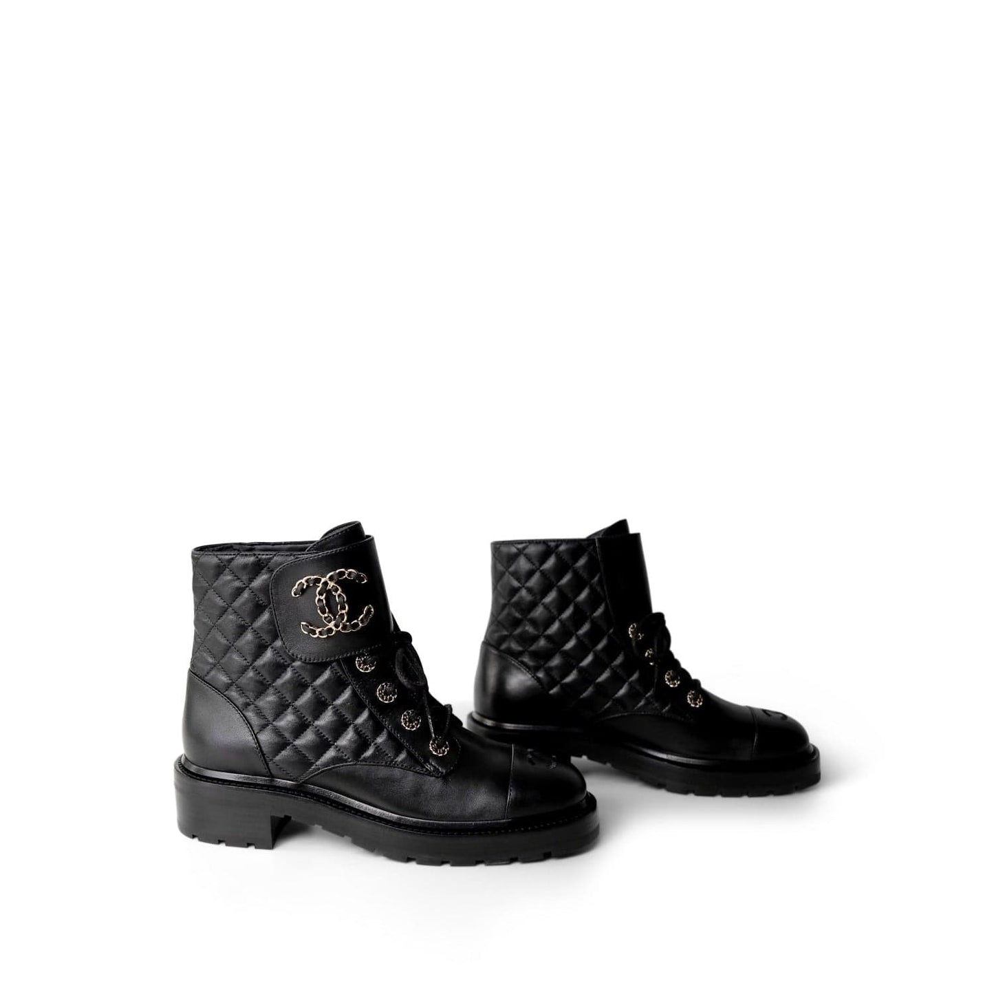 Black Calfskin Quilted Lace up Combat Boots Size 40